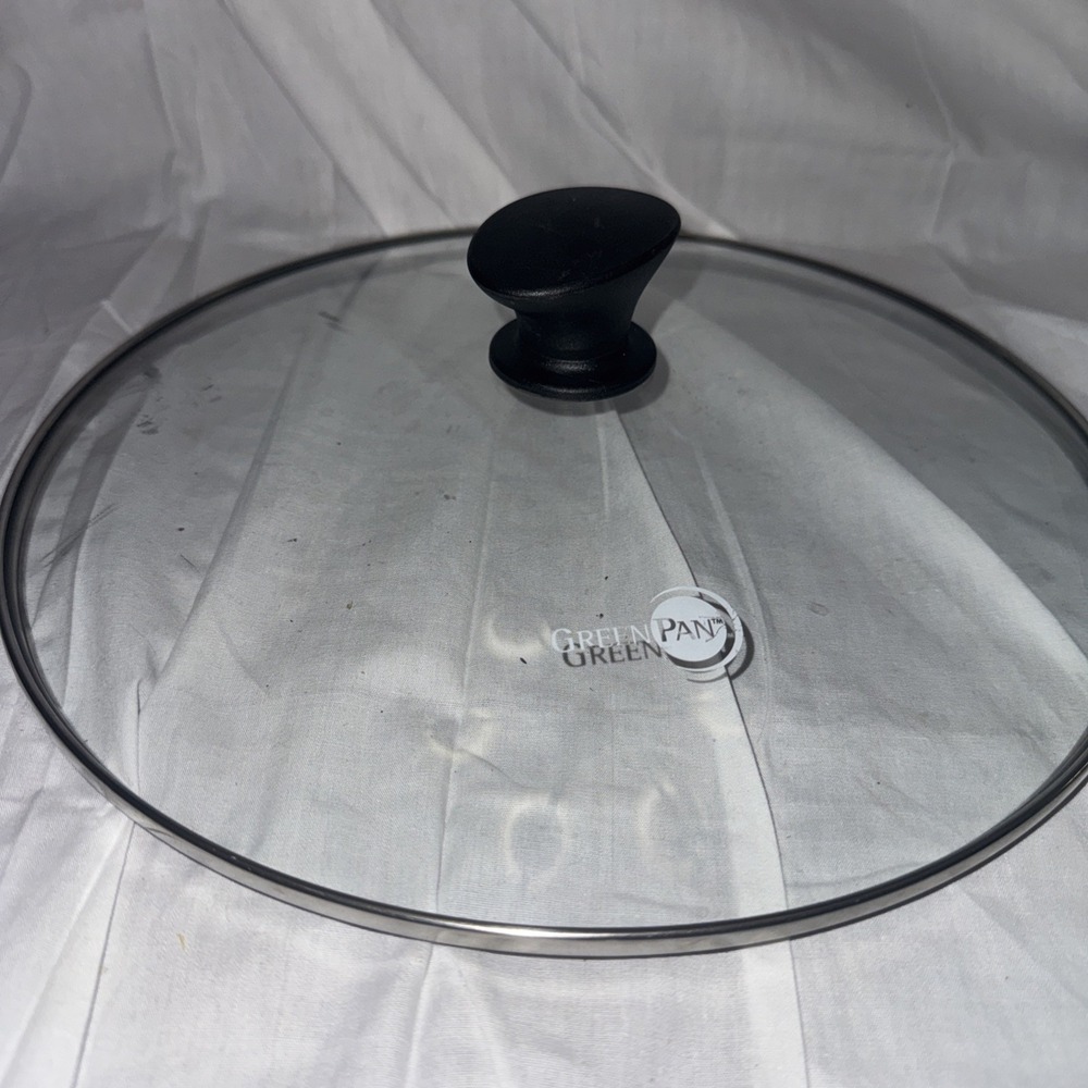 GreenPan Glass Lid with black  Rubber Handle, 12"  lid only  11-5/8"  12-3/8"